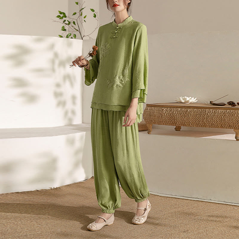 Cotton-Linen Frog-Button Meditation and Tai Chi Two-Piece Set