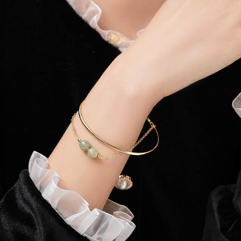 Copper Plated Gold Hetian Jade Bead Luck Double Layer Bracelet Bangle