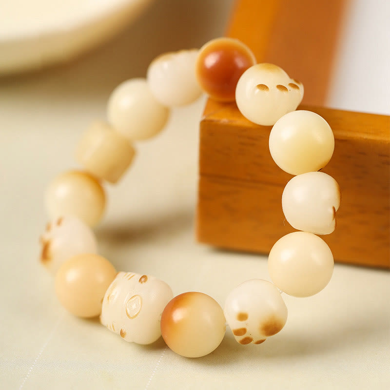 Natural Bodhi Seed Sandalwood Lucky Cute Cat Head Paw Claw Peace Bracelet