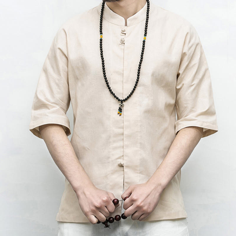 Chinese Frog-Button Tang Suit Zen Half Sleeve Shirt Linen Men Clothing