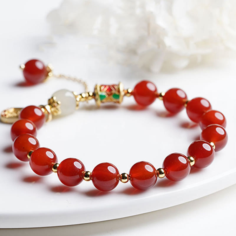Natural Red Agate and Hetian Jade Copper Fu Symbol Beaded Charm Bracelet