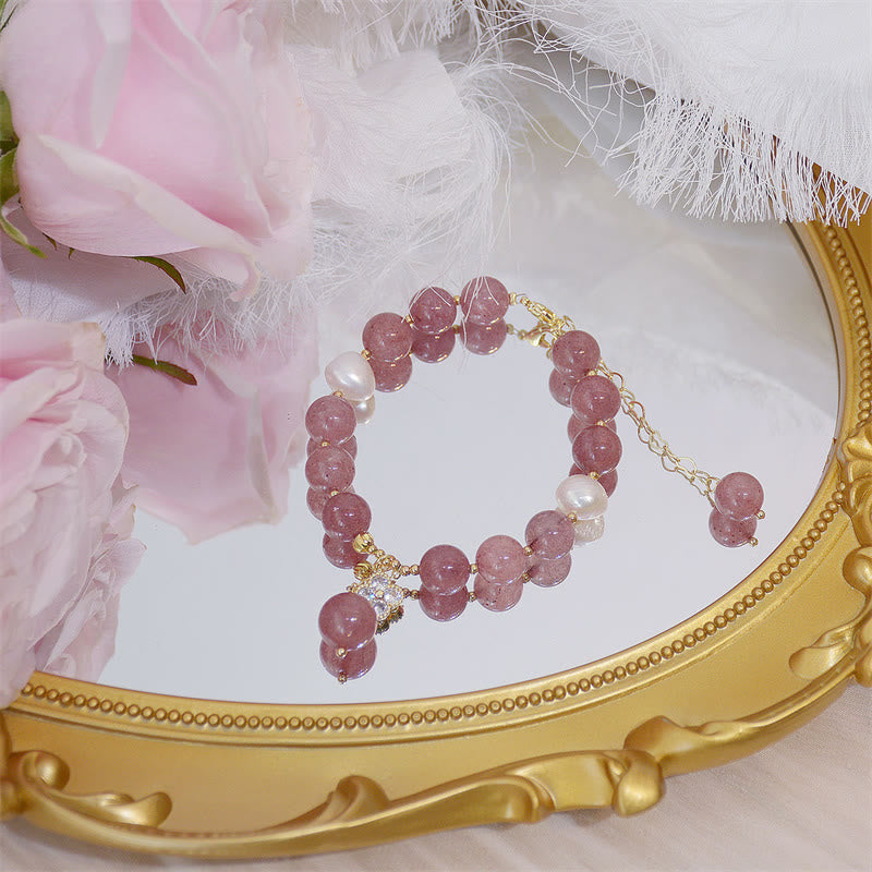 Natural Strawberry Quartz and Pearl Four-Leaf Clover Charm Bracelet