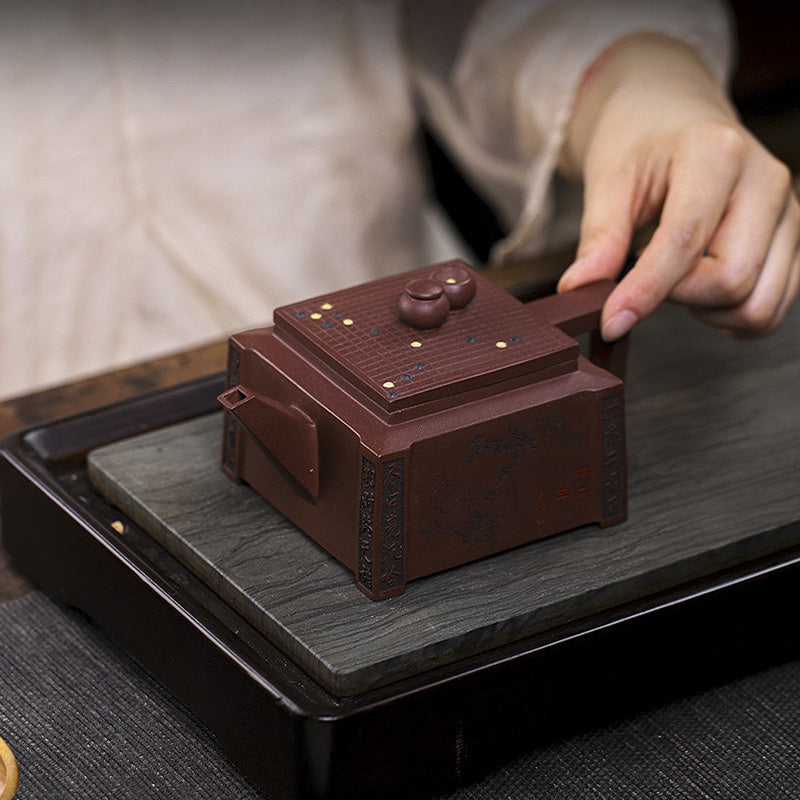Yixing All Handmade Gomoku Playing Chess Purple Clay Kung Fu Square Teapot 280ml