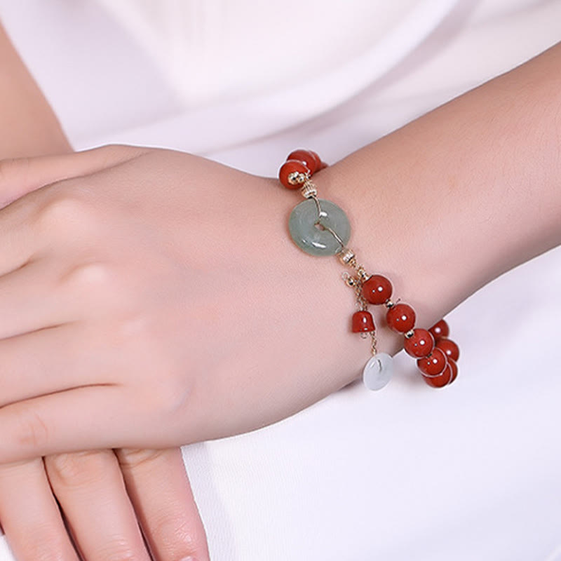 14k Gold Filled Jade & Red Agate Ping An Kou Wu Lou Chinese Coin Charm Bracelet