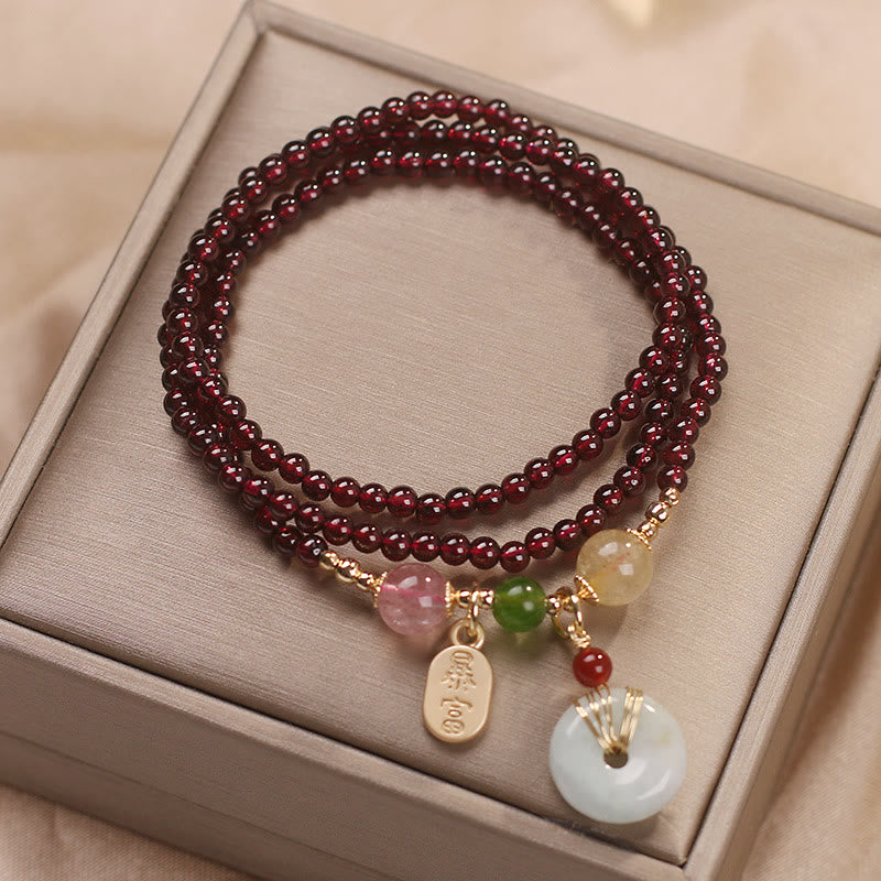 Natural Garnet & Strawberry Quartz Triple Wrap Bracelet with Jade and Citrine Accents