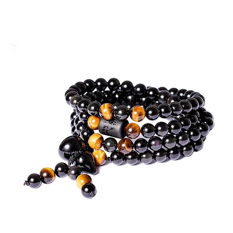 Natural Black Obsidian Rainbow Obsidian Gourd Blessing Bracelet Mala