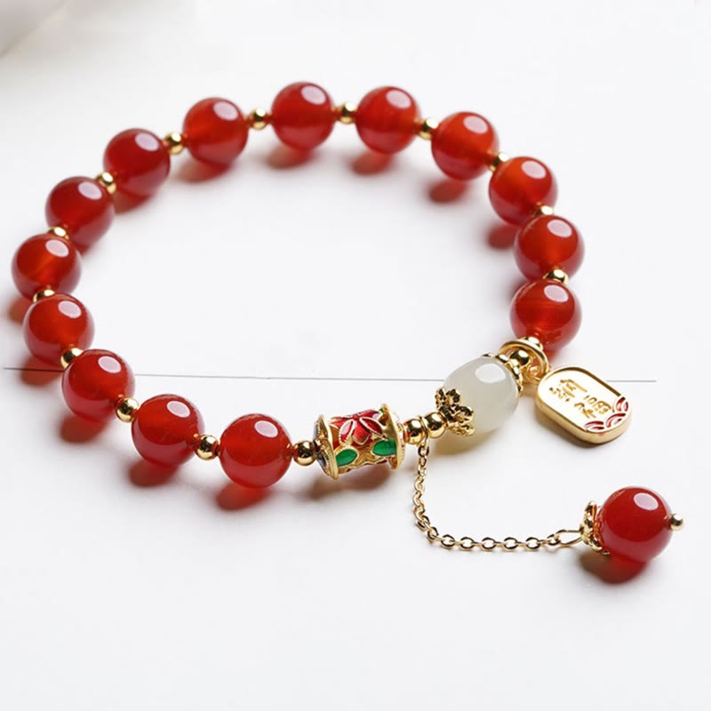 Natural Red Agate and Hetian Jade Copper Fu Symbol Beaded Charm Bracelet