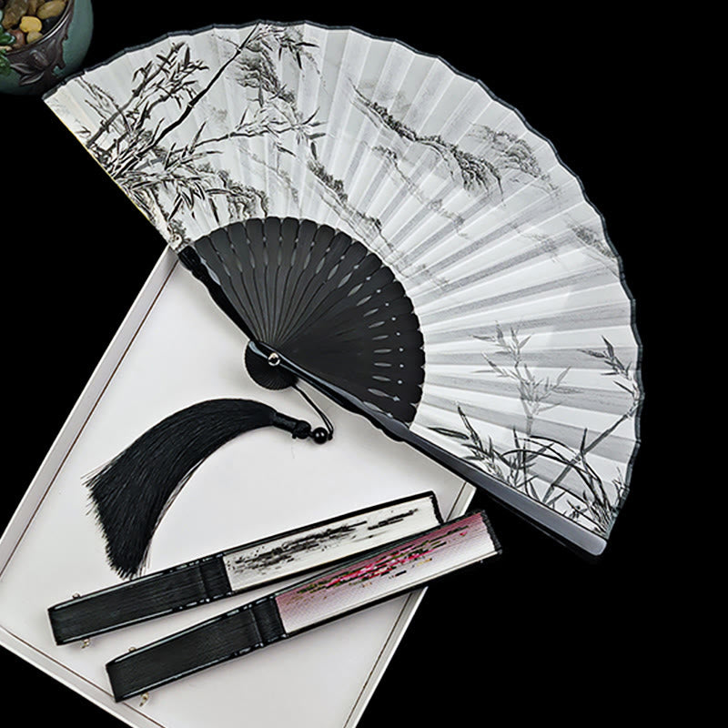 Vintage Bamboo Peony Butterfly Lotus Handheld Silk Folding Fan With Bamboo Frames