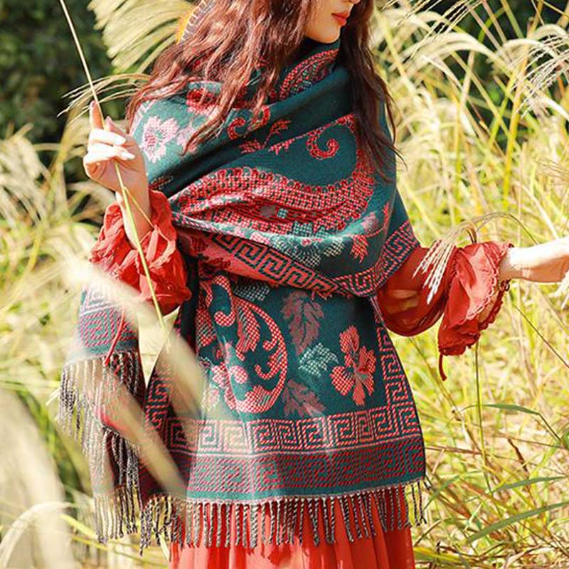 Tibetan Flowers Leaves Pattern Design Shawl Cozy Travel Scarf Wrap