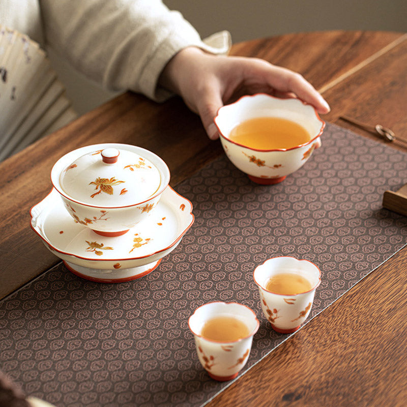 White Porcelain Flowers Ceramic Gaiwan Sancai Teacup Kung Fu Tea Cup And Saucer With Lid