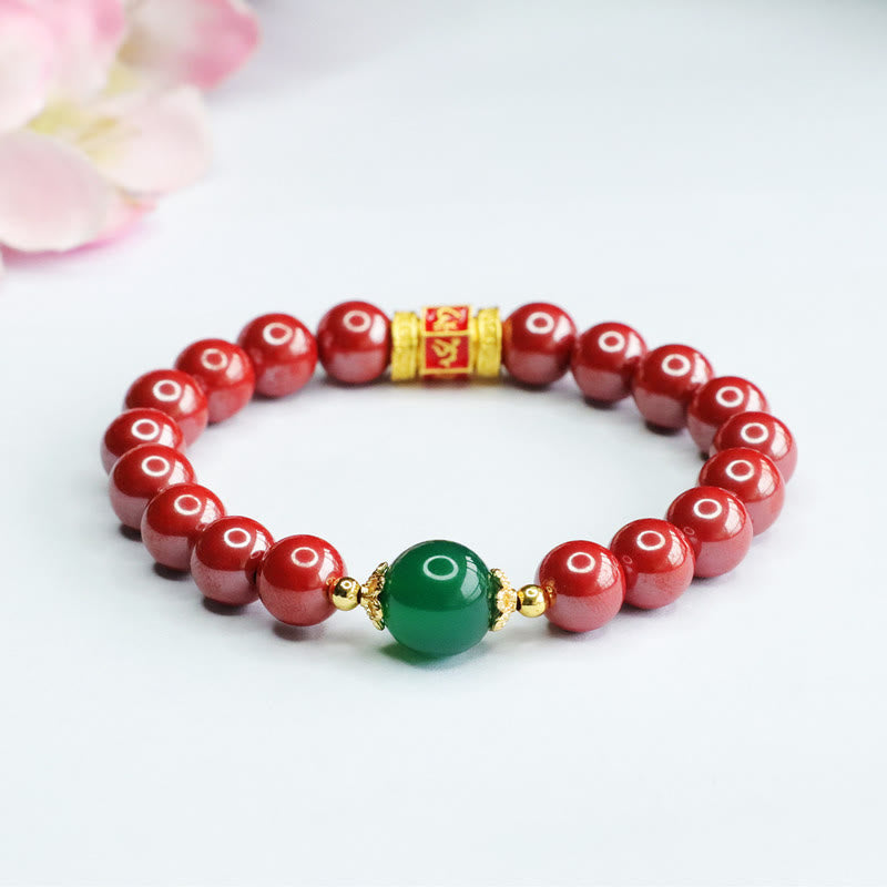 Natural Cinnabar and Green Agate Om Mani Padme Hum Inscribed Bead Bracelet