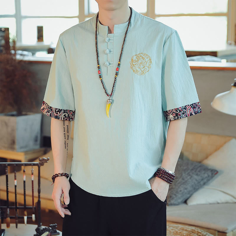 Frog-Button Dragon Embroidery Chinese Tang Suit Short Sleeve Shirt Linen Men Clothing