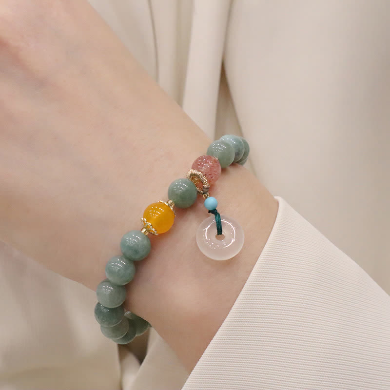 Cyan Jade, Golden Silk Jade & Amethyst Crystal Bracelet with Chalcedony & Energetic Styles