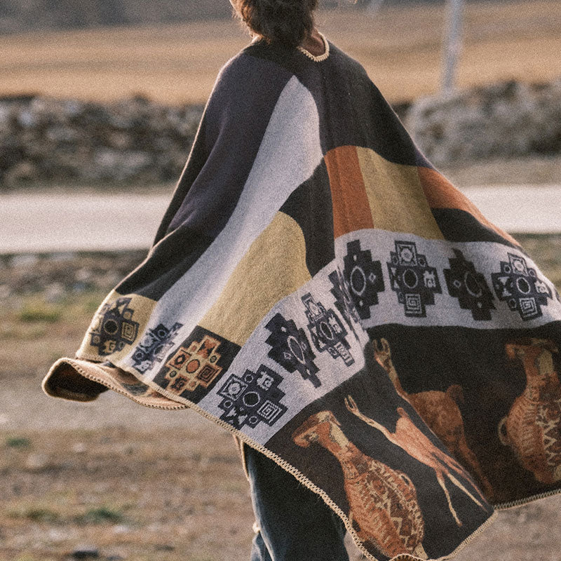 Tibetan Shawl Deer Vase Geometric Shapes Winter Cozy Travel Scarf Wrap