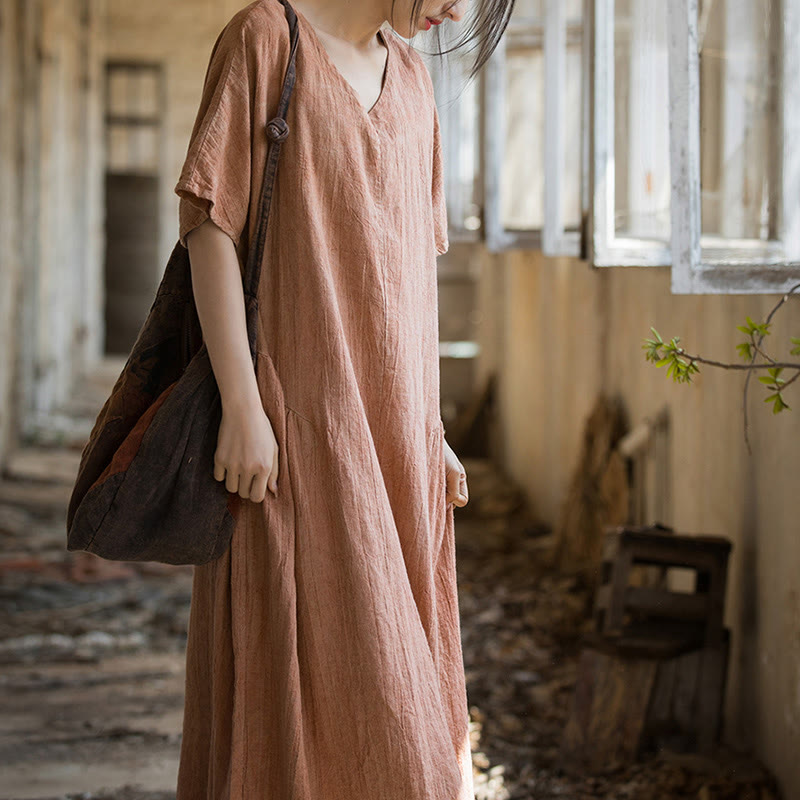 Handmade Tie Dye V-Neck Midi Dress Linen Short Sleeve Dress