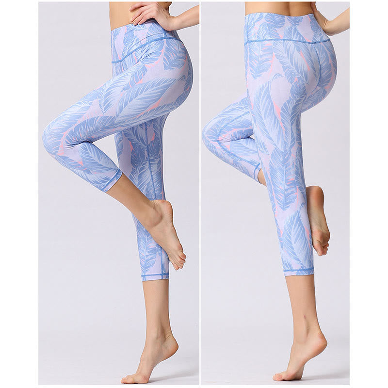 Leaves Butterfly Print Sports Yoga Cropped Leggings Women's Yoga Capri Pants