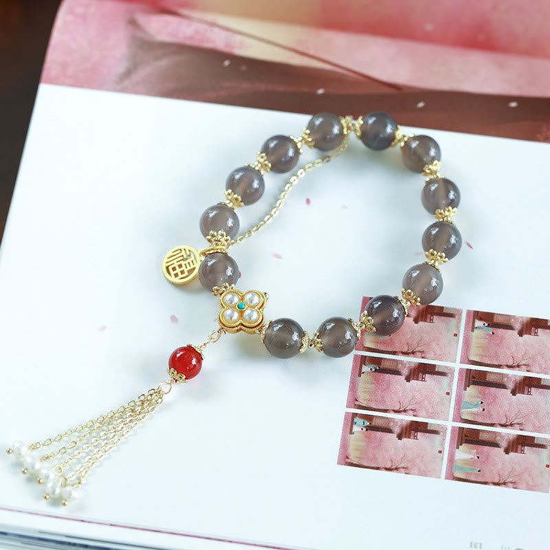 Natural Gray Agate and Pearl Beaded Bracelet with Fu Symbol Tassel