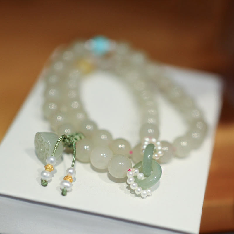 925 Sterling Silver Hetian Jade Double Peace Buckle Lotus Luck Double Wrap Bracelet