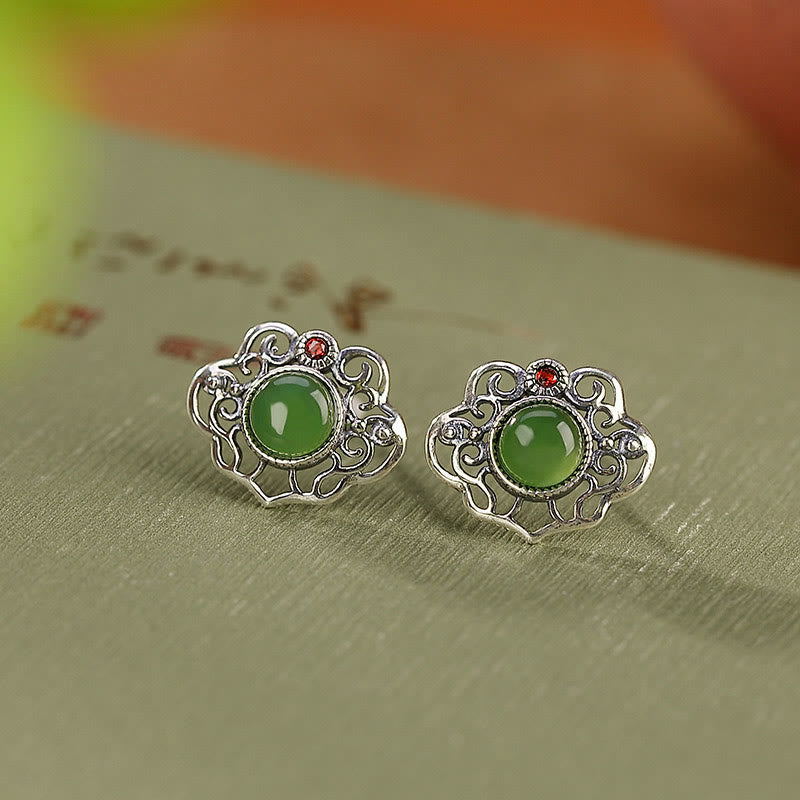 925 Sterling Silver Natural Hetian Cyan Jade Hollow Design Luck Ring Earrings Set