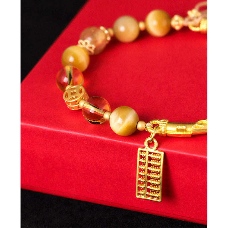 Adjustable Tiger Eye Citrine Clear Quartz Copper Abacus Charm Beaded Bracelet