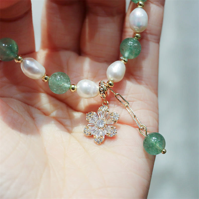 Handcrafted Green Strawberry Quartz and Pearl Flower Charm Gold Accent Bracelet