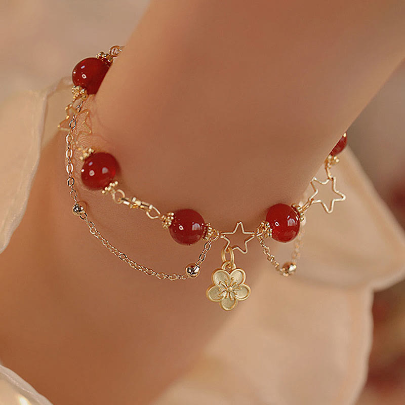 14k Gold Plated Red Agate Star Flower Charm Calm Bracelet