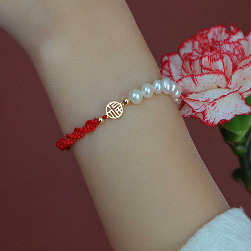 14K Gold Plated Pearl and Prosperity Symbol Braided Red String Bracelet