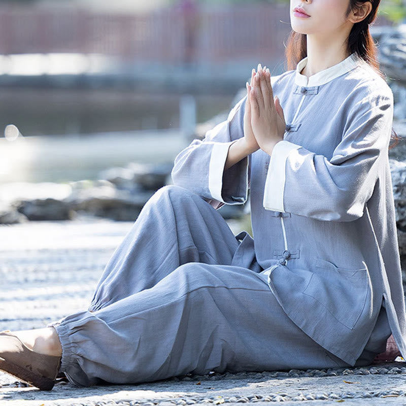 2Pcs Frog-Button Long Sleeve Shirt Top Pants Meditation Zen Tai Chi Cotton Linen Clothing Women's Set