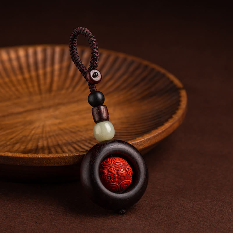 Red Sandalwood & Jade Cinnabar Keychain with Om Mani Padme Hum, Pixiu, or Copper Coin