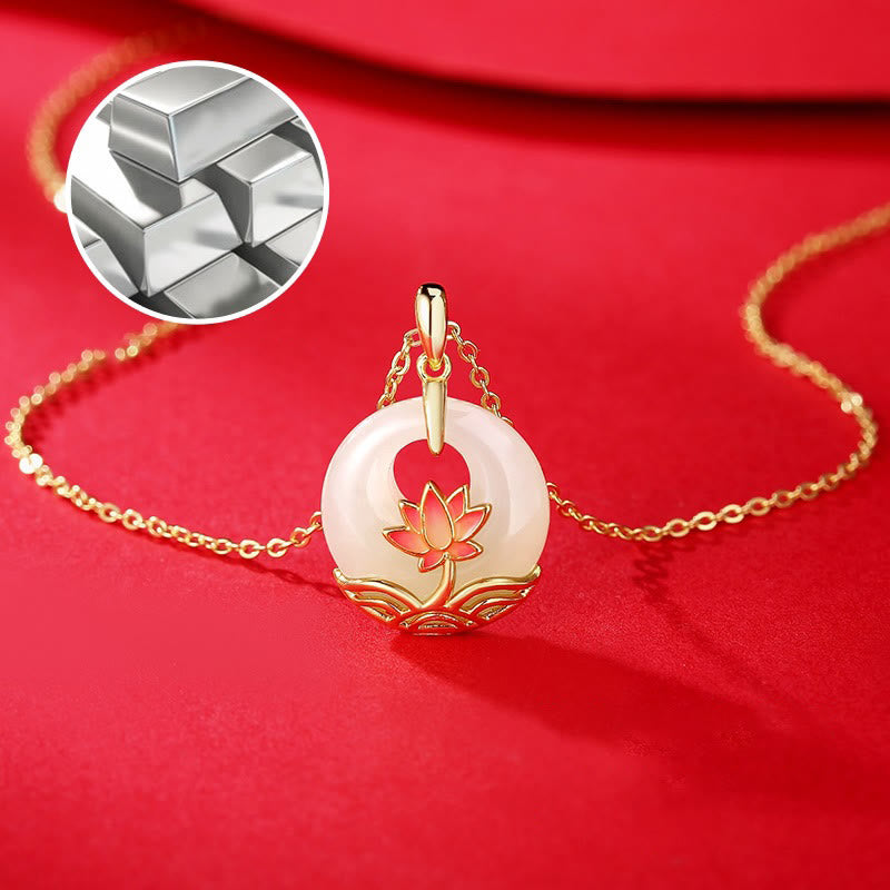 925 Sterling Silver Hetian White Jade Lotus Flower Blessing Necklace Pendant
