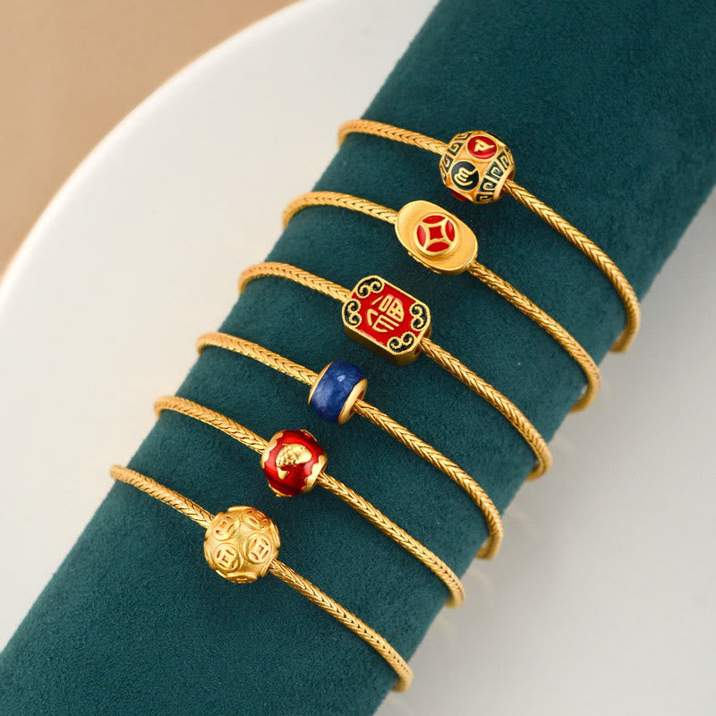 Tibetan 18K Gold Om Mani Padme Hum Lucky Koi Fish Fu Character Ingot Copper Coin Peace Bracelet