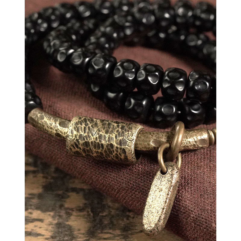 Retro Coconut Shell with Brass and Copper Accents Triple Wrap Bracelet