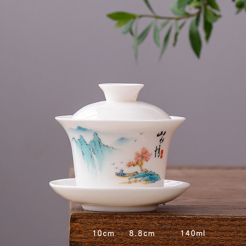 White Porcelain Mountain Landscape Countryside Ceramic Gaiwan Teacup Kung Fu Tea Cup And Saucer With Lid