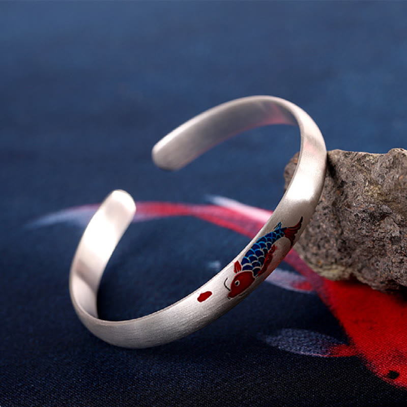 999 Sterling Silver Koi Fish Luck Cuff Bracelet Bangle