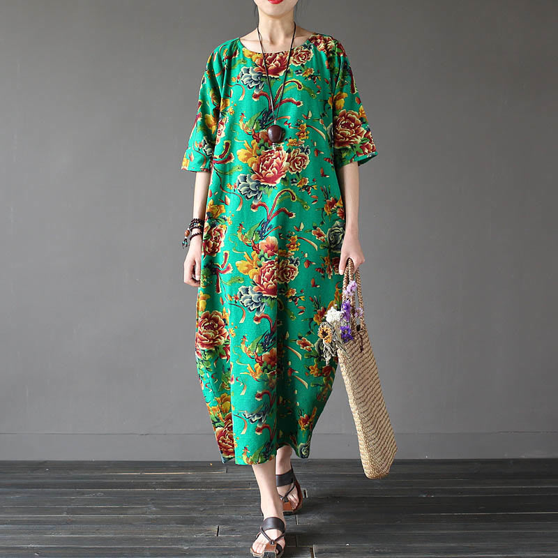 Red Peony Flowers Printed Midi Dress Half Sleeve Cotton Linen Dress