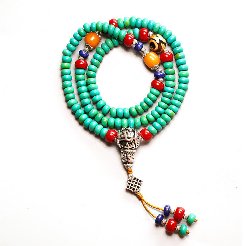 108 Tibetan Turquoise Amber and Dzi Bead Meditation Mala Bracelet