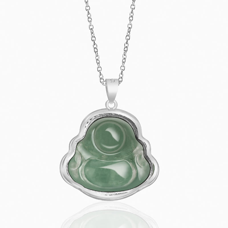 925 Sterling Silver Laughing Buddha Natural Jade Luck Prosperity Necklace Chain Pendant