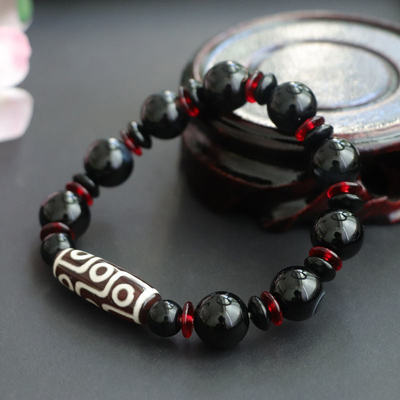 Black Onyx Nine-Eye Dzi Bead Wealth Protection Bracelet