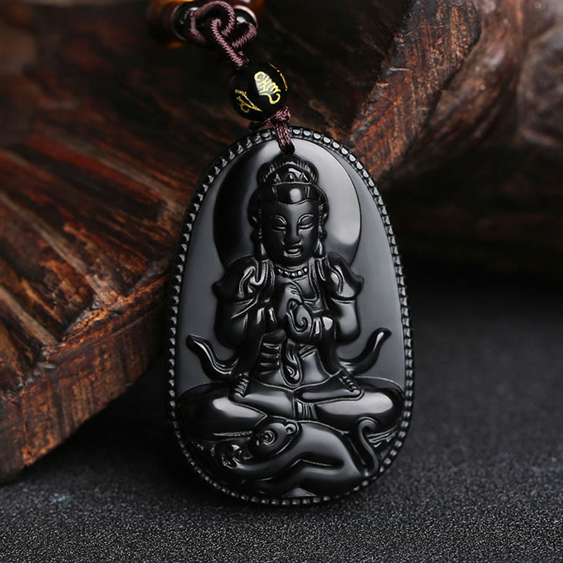 Chinese Zodiac Natal Buddha Natural Black Obsidian Purification Necklace Pendant