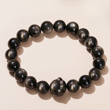 Natural Sheen Obsidian Beaded Cat Paw Charm Bracelet