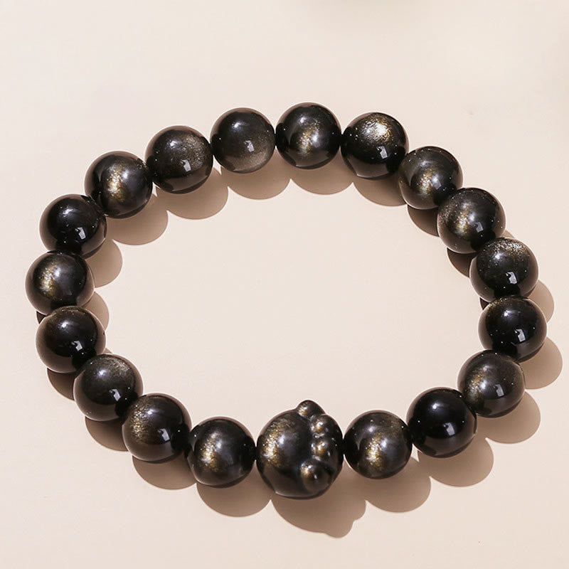 Natural Sheen Obsidian Beaded Cat Paw Charm Bracelet
