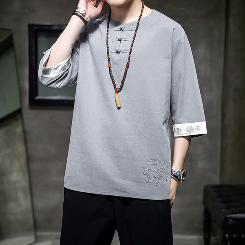 Frog-Button Dragon Embroidery Chinese Tang Suit Three Quarter Sleeve Shirt Cotton Linen Men Clothing