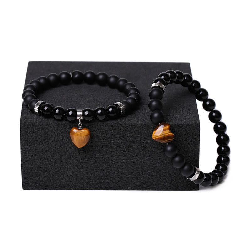 2Pcs Black Onyx Crystal Stone Love Heart Protection Support Couple Bracelet