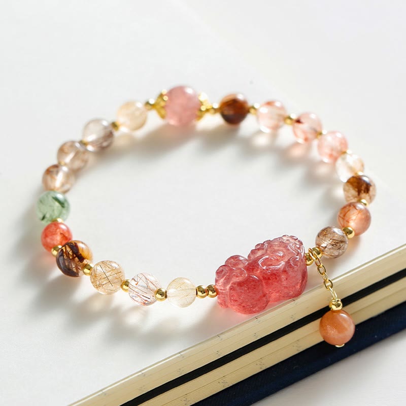 Hand-Assembled Natural Strawberry Quartz & Copper Pixiu Beaded Bracelet