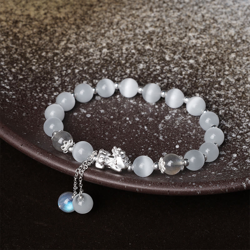 Natural Cat's Eye Moonstone Strawberry Quartz PiXiu Support Bracelet