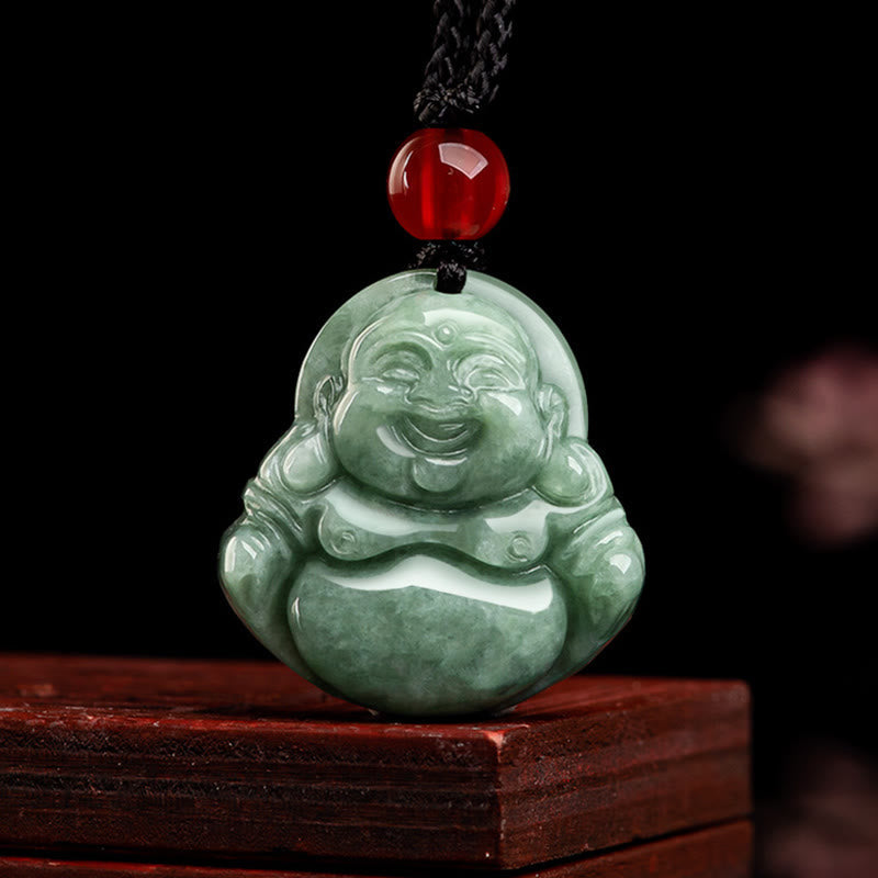 Natural Green Jade Laughing Buddha Luck Abundance Necklace Pendant