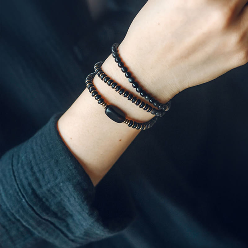 Rainbow Obsidian Ebony Wood Copper Healing Triple Wrap Bracelet
