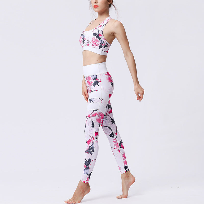 2Pcs Sunflower Flowers Leaves Print Top Pants Sports Fitness Yoga Women's Yoga Sets