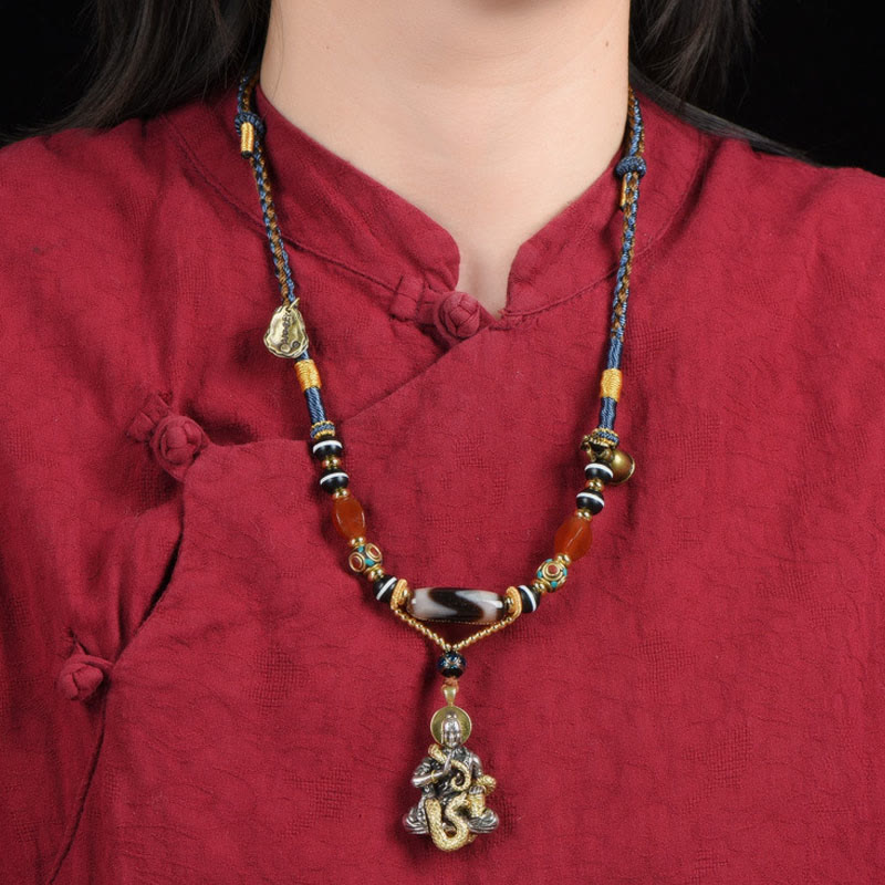 Handmade Buddha Snake Skull Head Dzi Bead Serenity Rope Necklace Pendant (Extra 35% Off | USE CODE: FS35)