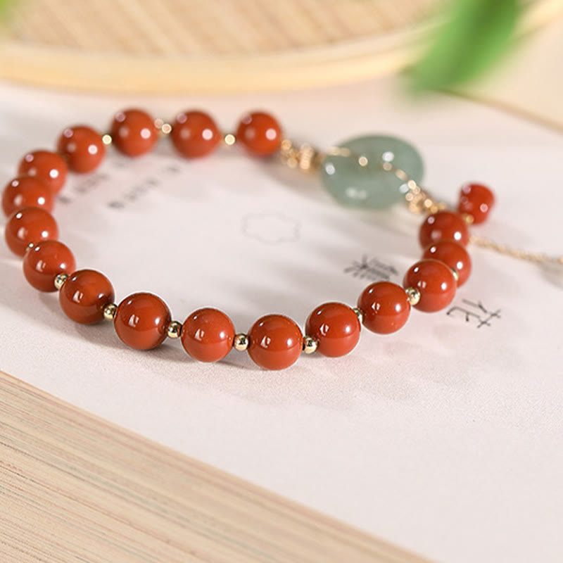 14k Gold Filled Jade & Red Agate Ping An Kou Wu Lou Chinese Coin Charm Bracelet